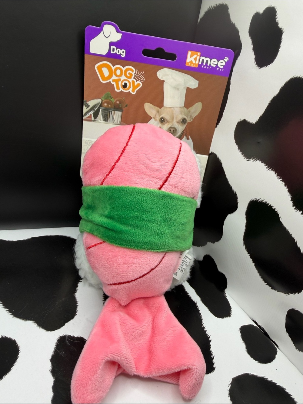Kimee Pink Squeaky Plush Sushi Dog Toy with Green Band to Mimi’s seaweed